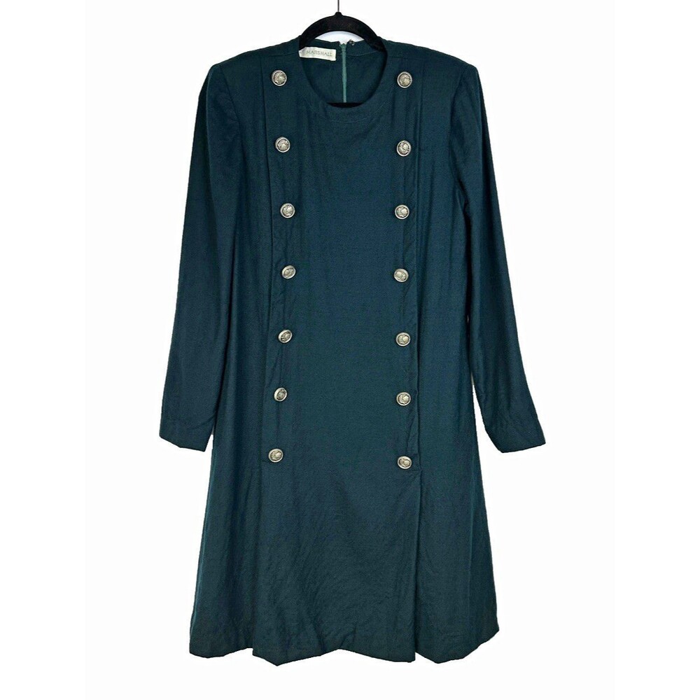 Vtg ILDI Marshall Green Military Style Button Mid-Length Dress Double Breasted